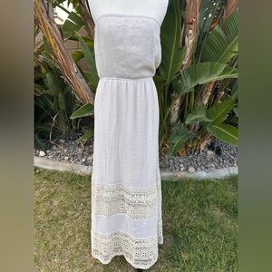 Strapless Women’s Cream Maxi Dress with Crochet Trim size medium good condition